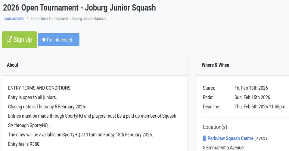 2026 Open Tournament - Joburg Junior Squash